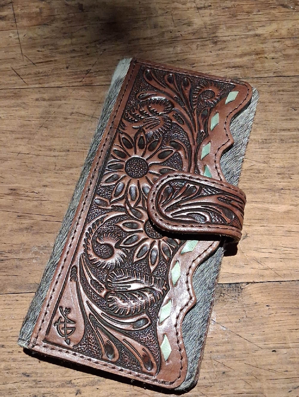 American Darling Brown Tooled Leather Floral Wallet with Gray Fur Accent